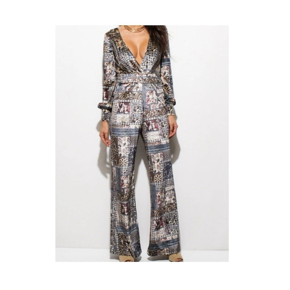 Essue Chic Velvet Boho‎ Wide Leg Pants Long Sleeve Jumpsuit, Large Multi Color